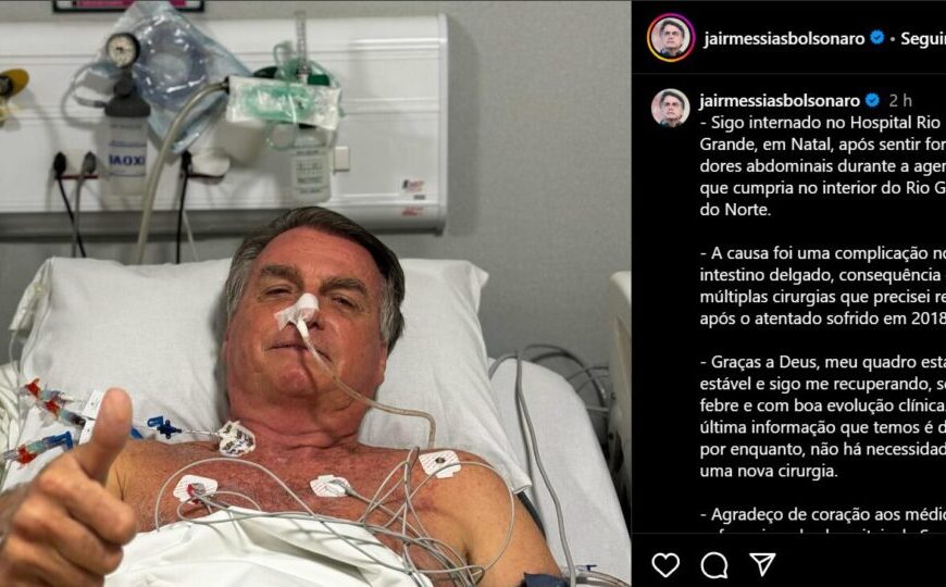 Bolsonaro posta foto em hospital e diz que seu “quadro está estável”