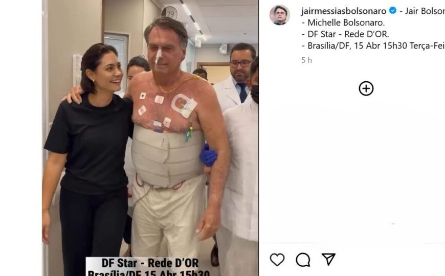 Bolsonaro caminha pelo hospital com ajuda de Michelle
