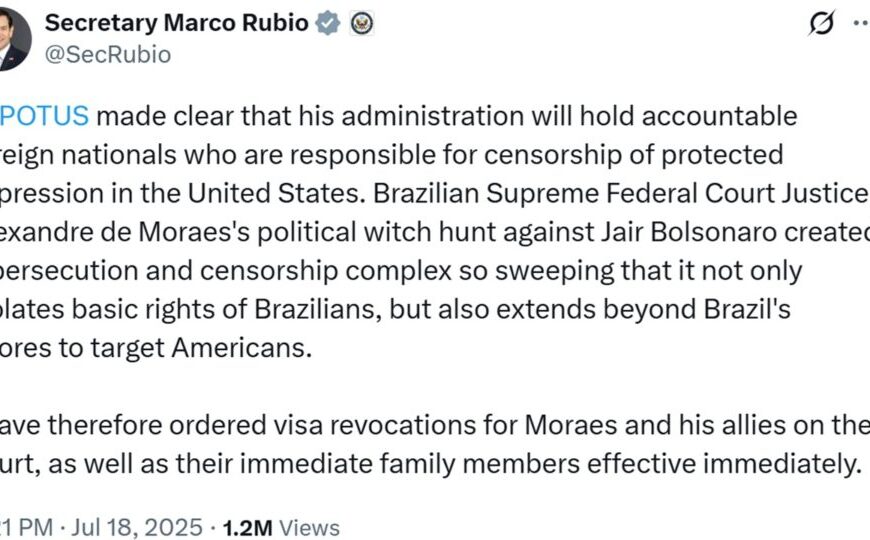 Governo Trump revoga vistos de Moraes, “aliados” dele&hellip;