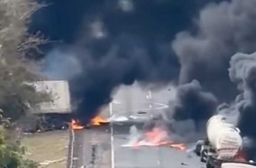 Grave acidente seguido de incêndio envolve carretas na BR-163 no Anhandui