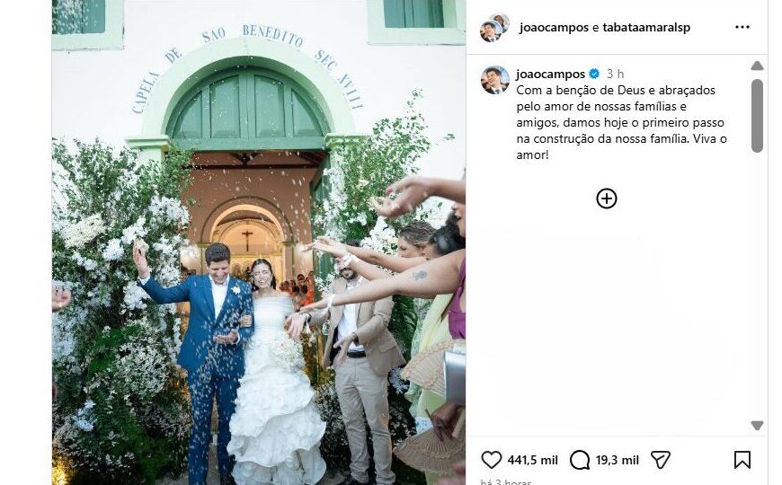 Moraes e Alckmin vão ao casamento de João Campos e Tabata Amaral